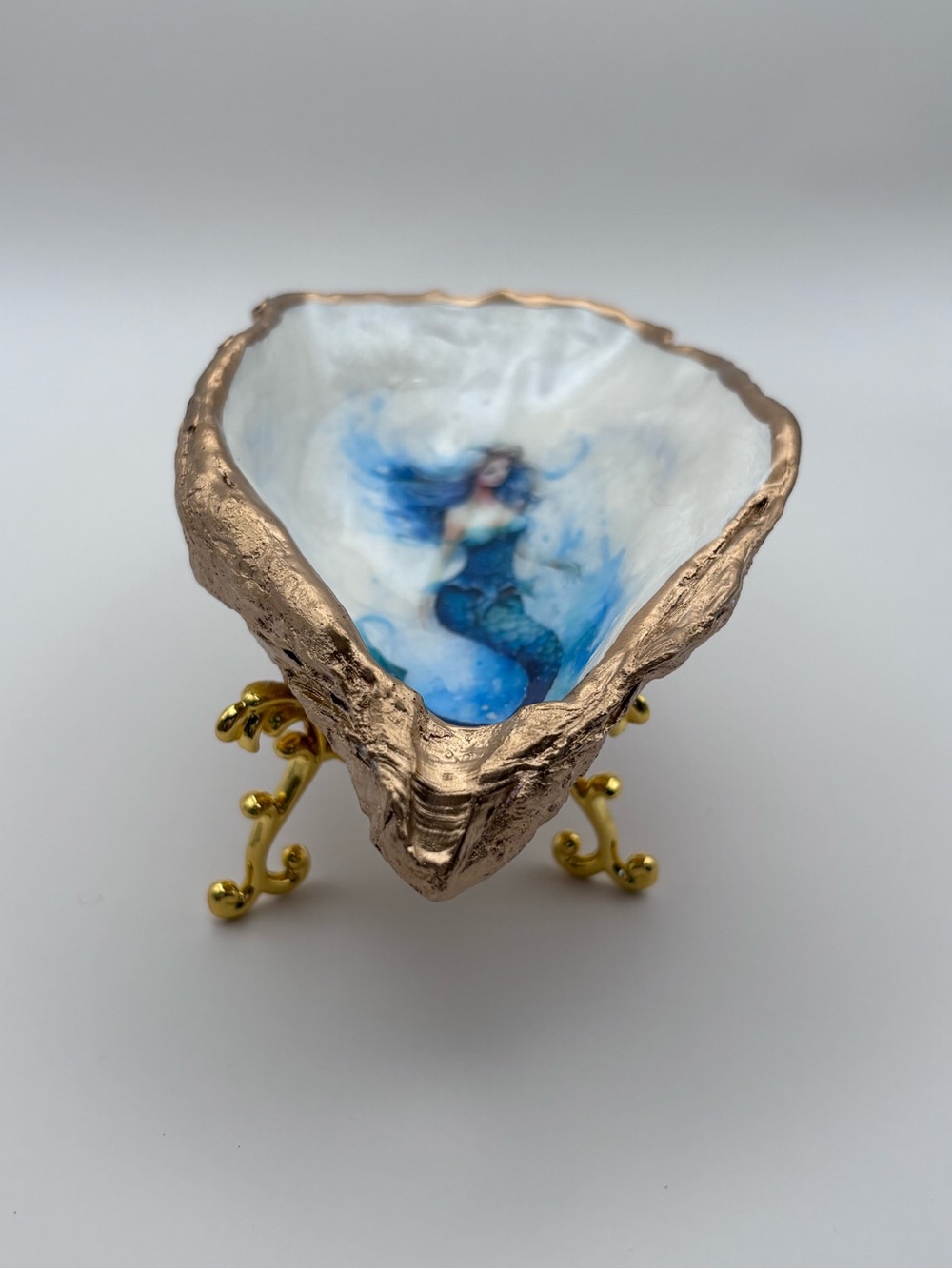 Mermaid Oyster Shell Trinket Dish - Blue and Gold - Picture 2 of 6